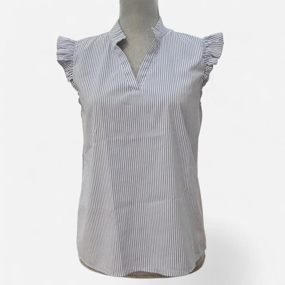 Other Blue white striped cap sleeve blouse notched v-neck coastal aesthetics - Picture 4 of 9